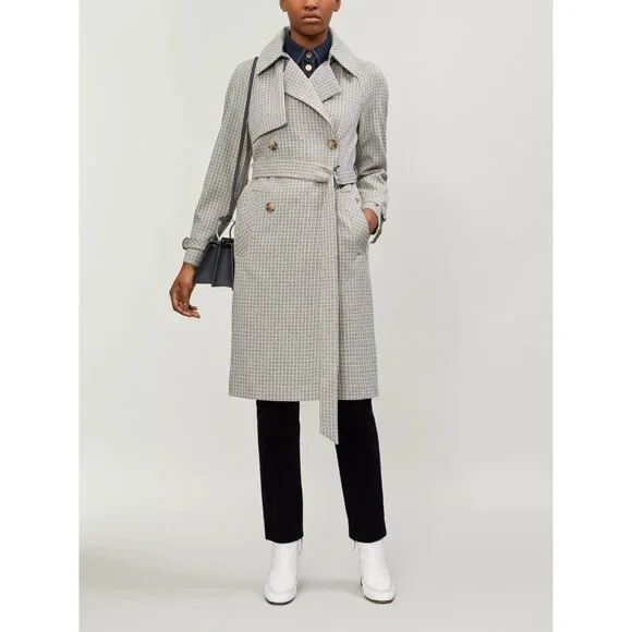 🆕TOPSHOP Angie Double Breasted Trench Coat Houndstooth Plaid Blue Gray - Picture 2 of 12